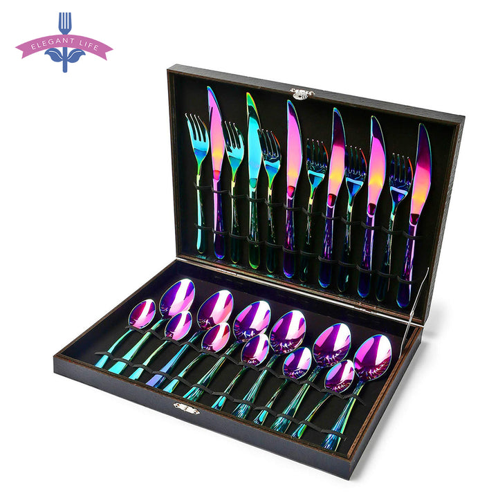 24 PCS Stainless Steel Dinnerware Set Rainbow Colorful Silverware Tableware Cutlery Spoon Flatware Set Hotel Party Supplies Gift - nicpigeon