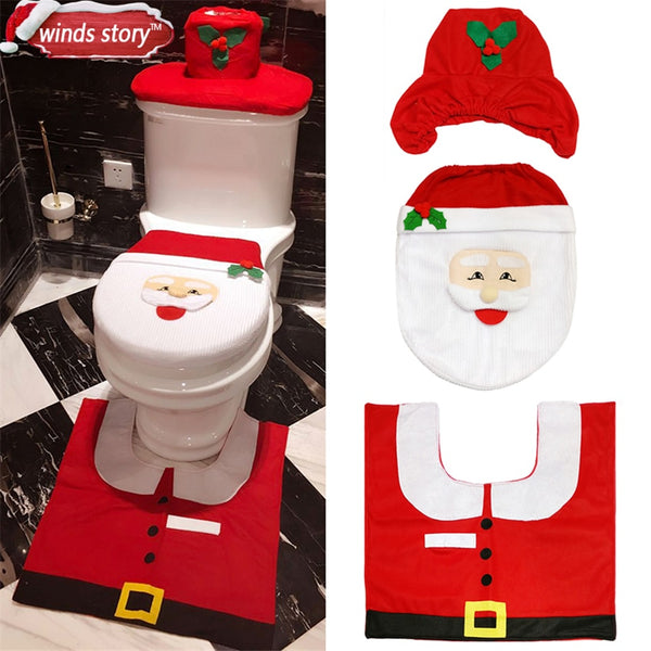 Christmas Decorations for Home Bathroom/WC Red Flannel Santa Toilet Cover and Rug Xmas Decoration Christmas Toilet Seat Cover - nicpigeon