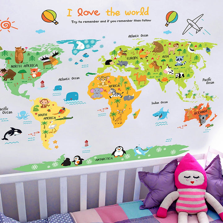 Cartoon world map PVC DIY Self Adhesive Vinyl Wall Stickers Bedroom Home Decor for Children Room Decoration Art Wall Decal Mural - nicpigeon