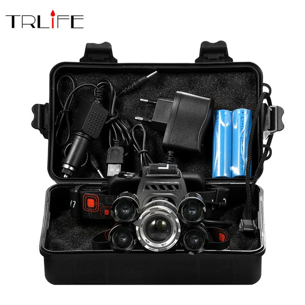 Headlight 40000 Lumen headlamp CREE XML 5*T6 LED Head Lamp Flashlight Torch Lanterna head light with 18650 battery AC/DC charger - nicpigeon