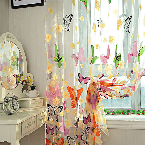 Colorful Butterfly Printed Tulle Window Screens Sheer Voile Door Curtains Drape Panel or Scarf Assorted 1MX2M AA - nicpigeon