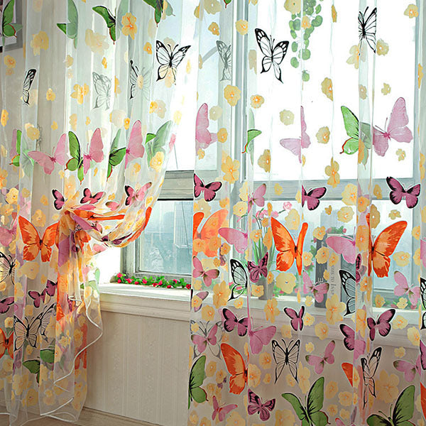 Colorful Butterfly Printed Tulle Window Screens Sheer Voile Door Curtains Drape Panel or Scarf Assorted 1MX2M AA - nicpigeon