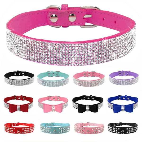 Bling Rhinestone Puppy Cat Collars Adjustable Leather Bowknot Kitten Collar For Small Medium Dogs Cats Chihuahua Pug Yorkshire - nicpigeon